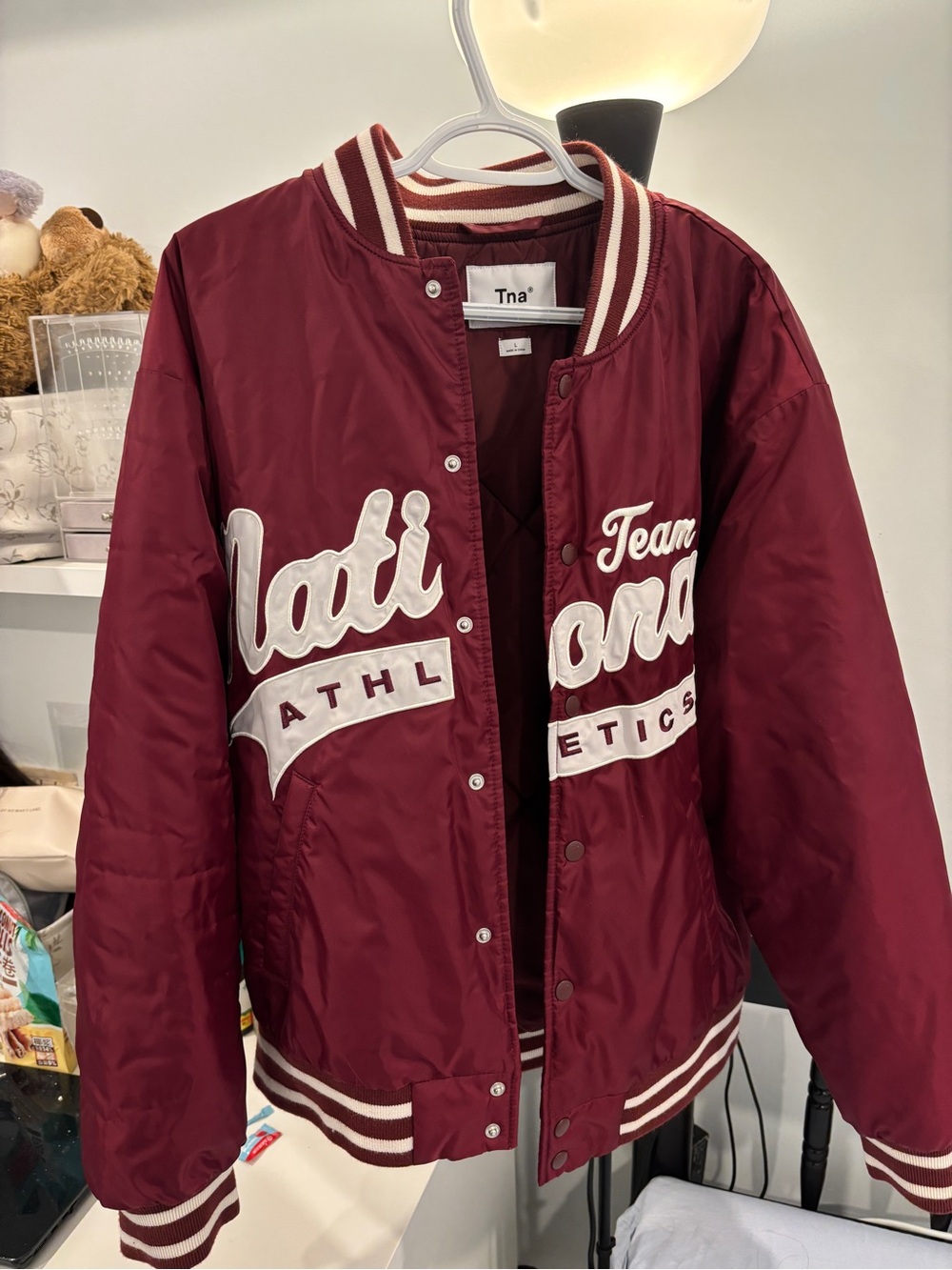 TNA Burgundy and White Varsity Bomber Jacket